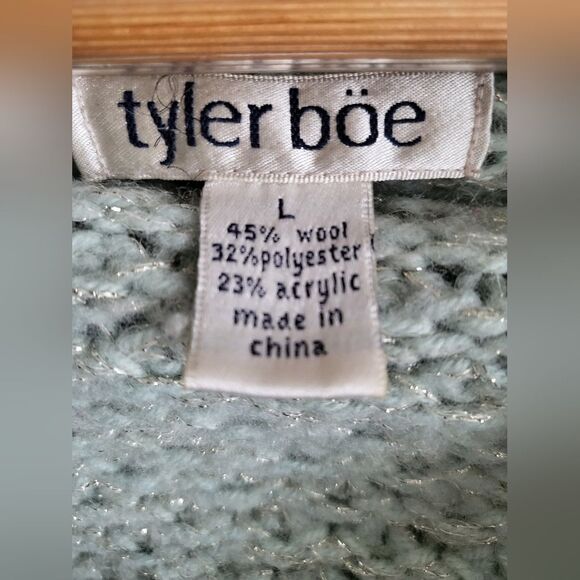 Tyler Boe Icy Blue Wool Blend Sweater Size Large Shimmer Cowl Neck Sequin - Picture 3 of 13